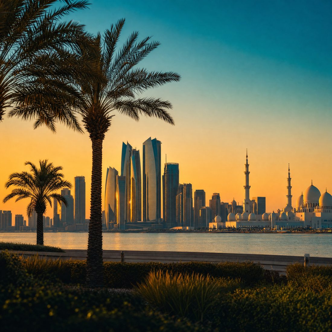 Abu Dhabi skyline at dusk seen across the water, with palm trees and the domes and minarets of the grand mosque