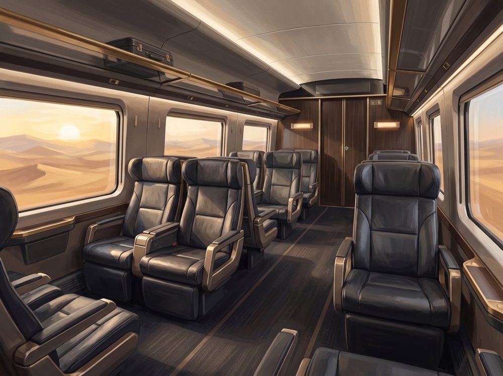 Premium Class cabin on the Abu Dhabi to Dubai train — wide leather recliner seats with gold trim, extra legroom and a quieter layout