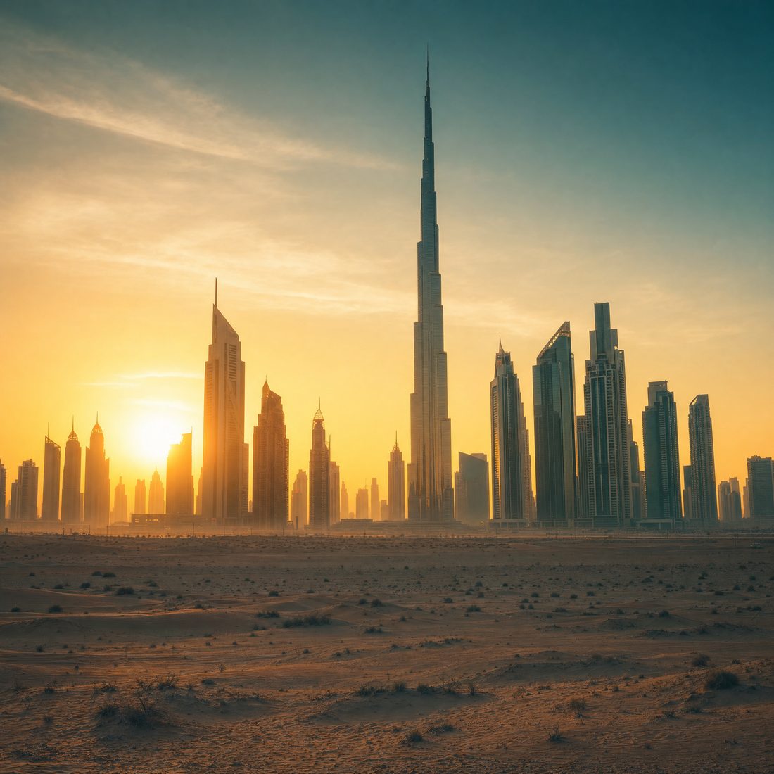 Dubai skyline at golden hour rising out of the desert, with a tall slender spire towering over the other skyscrapers