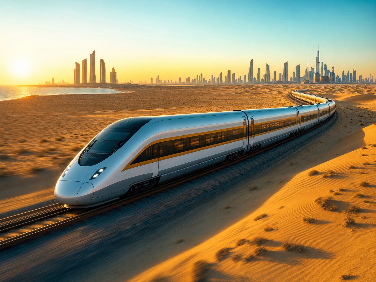 Etihad Rail high-speed train crossing the desert between Abu Dhabi and Dubai at sunset, with a city skyline on the horizon