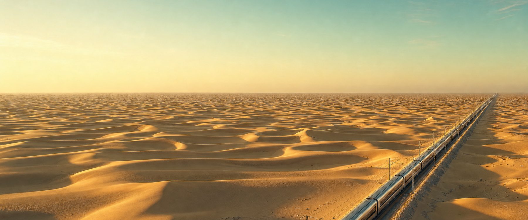 Aerial view of a single rail line cutting a straight path across vast golden desert dunes, with one train mid-frame