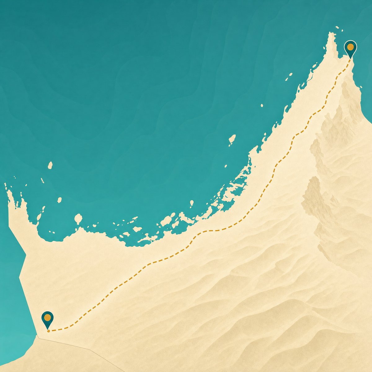 Illustrated map of the Abu Dhabi to Dubai Etihad Rail route along the UAE Arabian Gulf coast, from Mohammed Bin Zayed City in Abu Dhabi to Jumeirah Golf Estates in Dubai